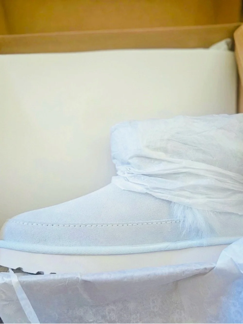 NWT UGG White Suede Fur-Trim Slip-On Women’s Shoes. Color is reef blue